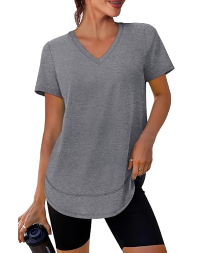 XIEERDUO Womens Workout Tops Short Sleeve Shirts Sun Protection UPF 50+ Quick Dry Outfits for Hiking Running V Neck S-3XL - color: 01 Grey, size: Medium
