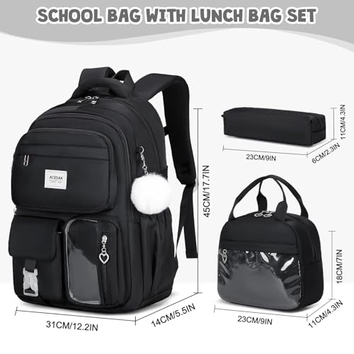 ACESAK Backpack for Girls - Girls Backpack with Lunch Bag & Pencil Pouch for Teen Kids Laptop Backpack for Women, Elementary Middle High School Bookbag Travel Daypack (Black) - color: Black