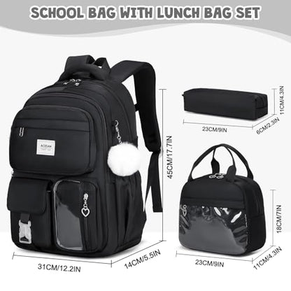 ACESAK Backpack for Girls - Girls Backpack with Lunch Bag & Pencil Pouch for Teen Kids Laptop Backpack for Women, Elementary Middle High School Bookbag Travel Daypack (Black) - color: Black
