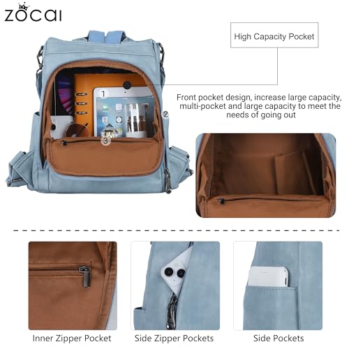 ZOCAI Backpack Purse for Women Medium Anti-Theft Backpacks Purses Design Leather Shoulder Bags with Removable Strap - color: Sky Blue