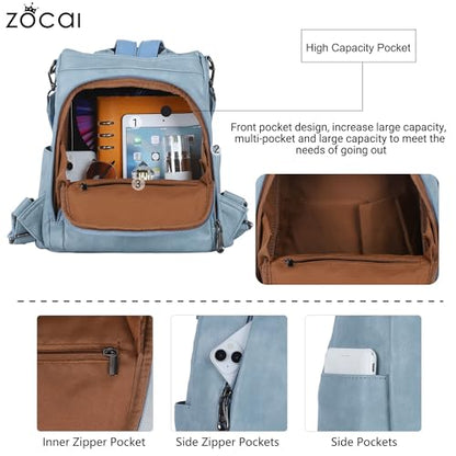 ZOCAI Backpack Purse for Women Medium Anti-Theft Backpacks Purses Design Leather Shoulder Bags with Removable Strap - color: Sky Blue
