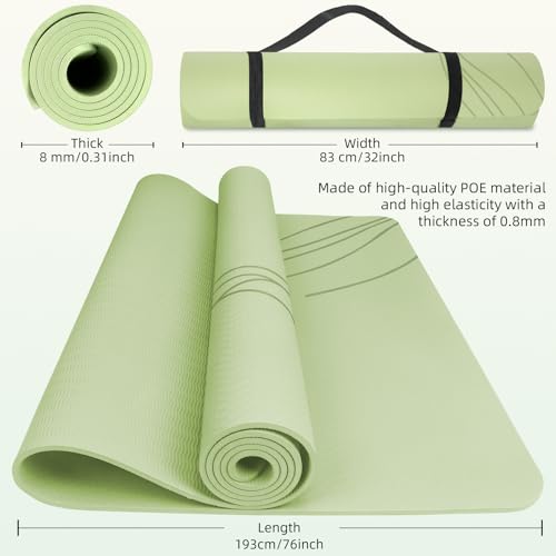 Large Yoga Mat Thick, 76"x32"x0.31"Wide POE Exercise Mat with Non-Slip Surface & Carry Strap, Anti-Tear Workout Mat for Yoga, Pilates, Fitness - color: Grass Green