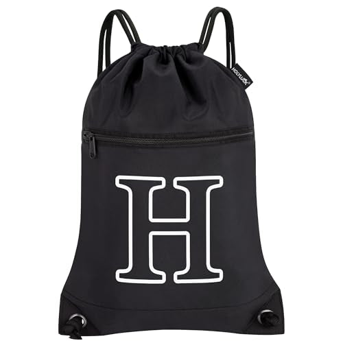 HOLYLUCK Drawstring Bags Initial Backpack Sackpack Cinch Bags for Sports, Gym, Travel, Beach (Black-H) - color: Black-h