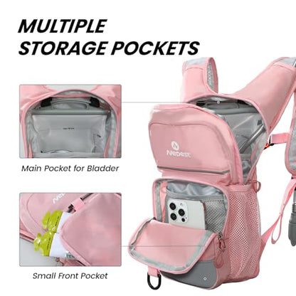 Nepest Kids Hydration Backpack, Mini Water Backpack with 1.5L Water Bladder for Hiking Cycling Running - color: Pink