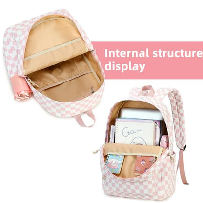 LEDAOU Backpack for Girls School Bag Kids Bookbag Teen Backpack Set Daypack with Lunch Bag and Pencil Case | Kids - color: Grid - Pink and White