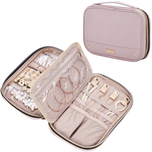 NISHEL Travel Jewelry Case Organizer, Compact Jewelry Storage Bag for Necklaces, Earrings, Rings, Bracelets and Watch, Portable Jewelry Holder for Trip, Vacation, Daily Use, Pink - color: Pink, size: Medium