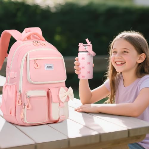 Bevalsa Backpack for Girls, Bow Bookpack with 14oz Insulated Water Bottle, Lunch Bag & Pen Case, Schoolbag for Kids & BPA-FREE Stainless Steel Metal Cup for Elementary Middle Student (Pink) - color: Pink