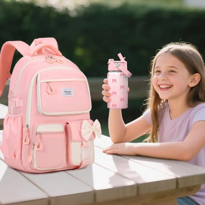 Bevalsa Backpack for Girls, Bow Bookpack with 14oz Insulated Water Bottle, Lunch Bag & Pen Case, Schoolbag for Kids & BPA-FREE Stainless Steel Metal Cup for Elementary Middle Student (Pink) - color: Pink