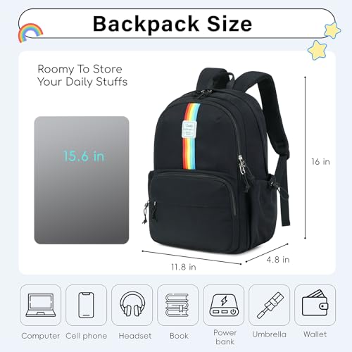 CAMTOP School Backpack for Girls, 15.6 Inch Teen Girls Casual Backpack High Middle School Daypack Women Daily Travel Laptop Bag - color: Black, size: 16Inch-Teen