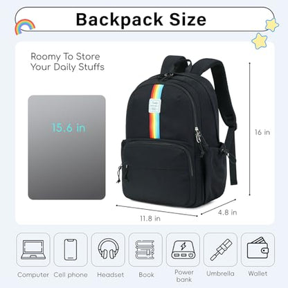 CAMTOP School Backpack for Girls, 15.6 Inch Teen Girls Casual Backpack High Middle School Daypack Women Daily Travel Laptop Bag - color: Black, size: 16Inch-Teen