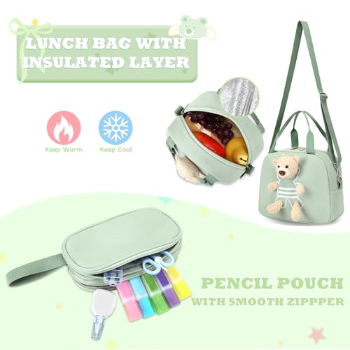 ACESAK School Backpack for Girls - 3 PCS Cute Girls Backpack with Lunch Box & Pencil Case - Kawaii Casual Kids Bookbag School Bag Daypacks Set for Elementary Middle High School Student Teens (Green) - color: Green