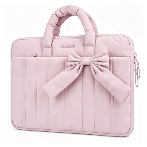 MOSISO Laptop Case 13.3 inch, 13-13.3 inch Puffy Laptop Sleeve Compatible with MacBook Neo/Air 13.6 M5 M4 M3 M2 M1/Pro 13/14, HP Dell ASUS Lenovo, Rectangle Quilted Carrying Bag with Bow&Handle, Pink - color: Pink, size: 13.3 inch