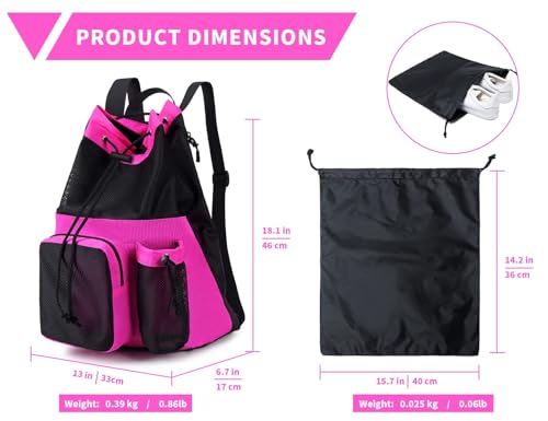 Lohol Large Mesh Drawstring Backpack with Shoe Bag, Durable Swimming String Sack with Handle for Sports Gym Yoga Beach Travel - color: Rose Pink