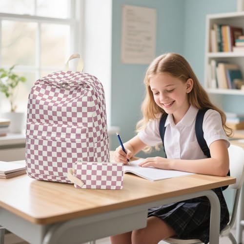 Bluboon School Backpack Set Girls Womens Laptop Bookbag Casual Daypack Fits 15 inch Laptop with Lunch Tote Bag and Pencil Bag - color: Grapes Purple White Checkered