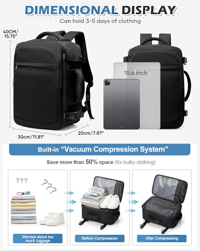 VGCUB Vacuum Backpack Travel with Pump, 40L Carry On Travel Backpack Flight Approved TSA, Vacuum Seal Compression Bags for Clothing, Waterproof Personal Item Bag for Women Men Black - color: A-black With Vacuum Bag