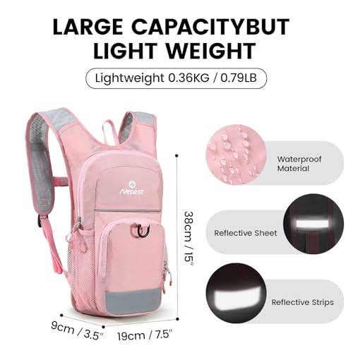 Nepest Kids Hydration Backpack, Mini Water Backpack with 1.5L Water Bladder for Hiking Cycling Running - color: Pink