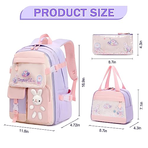 FIXITOK Girls Backpack Set, 3PCS Kids Backpack for Girls, Kawaii Bunny School Backpacks for Girl Kindergarten Elementary Preschool Middle School Bags with Lunch Box Pencil Case Purple - color: Purple