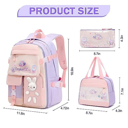 FIXITOK Girls Backpack Set, 3PCS Kids Backpack for Girls, Kawaii Bunny School Backpacks for Girl Kindergarten Elementary Preschool Middle School Bags with Lunch Box Pencil Case Purple - color: Purple