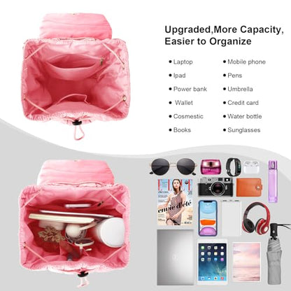 XSUIOY Quilted Backpack Purse for Women Small Lightweight Puffer Puffy College Laptop Backpack Nylon Casual Bookbag Daypack Top Flap Drawstring Padding Hiker Travel Gym Backpack(Pink) - color: Pink