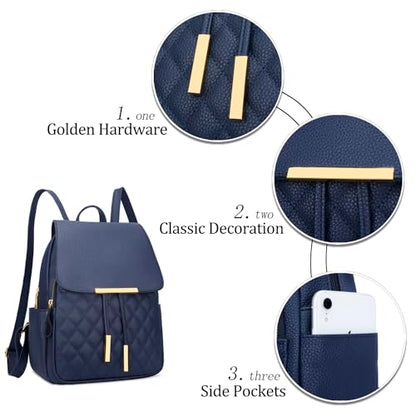 KKXIU Quilted Trendy Leather Backpack Purse for Women and Ladies Shoulder Travel Daypacks Bags (Navy) - color: Navy, style: Backpack