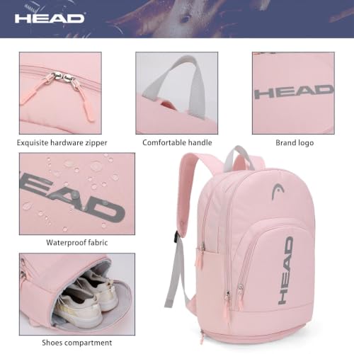 HEAD Gym Tennis Backpack for Women with Shoes Pocket Fits 15.6 inch Laptop - color: Pink With Bottom Pocket