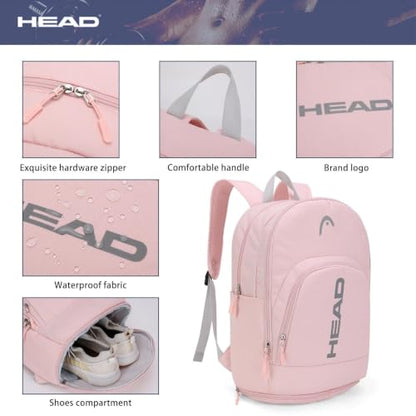 HEAD Gym Tennis Backpack for Women with Shoes Pocket Fits 15.6 inch Laptop - color: Pink With Bottom Pocket