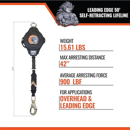 Malta Dynamics Edgehog Self Retracting Lifeline – 50’ Leading Edge Fall Protection Yoyo Cable, Class 2 Retractable Lanyard with Quick-Action Brake, OSHA and ANSI Compliant Safety Lanyard - size: 50 Foot