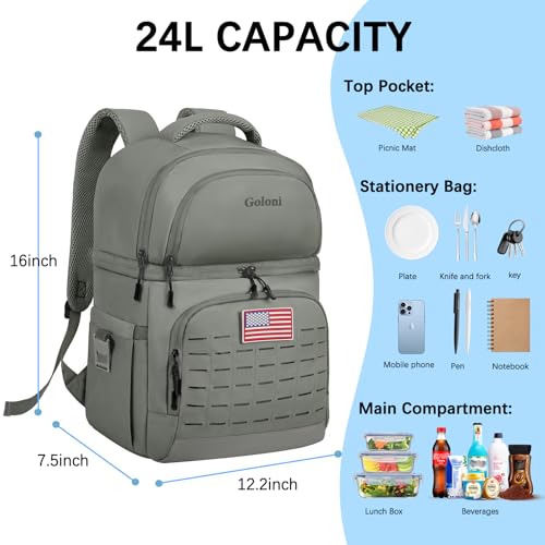 Goloni 40L Insulated Cooler Backpack, Leakproof Lightweight Soft-Sided Cooler with Cooler Compartment - color: Olive