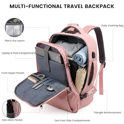 TANTOMI Travel Backpack for Women, Carry On Backpack with Wet-Dry Separation Compartment, TSA-Compliant Laptop Backpack, Personal Item Travel Bag with Anti-Theft Lock for Weekender (Pink) - color: 1-pink