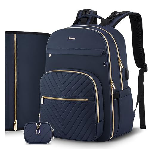 MOMUVO Diaper Bag Backpack, Quilted Baby Bag with Changing Pad & Stroller Straps & Pacifier Case, Large Travel Diaper Bags for Mom Dad, Blue - color: Blue