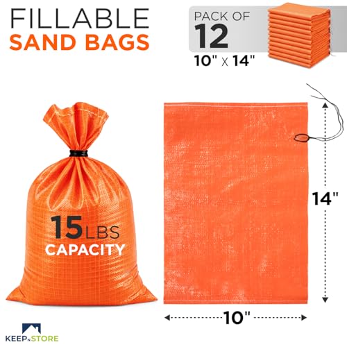 Heavy Duty Sand Bags Pack of 12, Bright Orange Empty Sandbags with Built-In Ties, Woven Polypropylene UV Protection 1600 Hours, Fillable Bags for Flood Control, Weight, 10x14 inches, 15 Pounds Volume - size: 10"W x 14"L, style: Pack of 12
