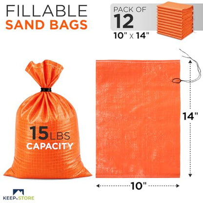 Heavy Duty Sand Bags Pack of 12, Bright Orange Empty Sandbags with Built-In Ties, Woven Polypropylene UV Protection 1600 Hours, Fillable Bags for Flood Control, Weight, 10x14 inches, 15 Pounds Volume - size: 10"W x 14"L, style: Pack of 12