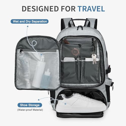 Travel Backpack 45L TSA Approved Carry on Backpack with Shoe Compartment & Wet/Dry Separation,Laptop Bag Fits 18.4 Inch Computer, Water Resistant Backpack for Men Women, Light Grey - color: Expandable Light Grey