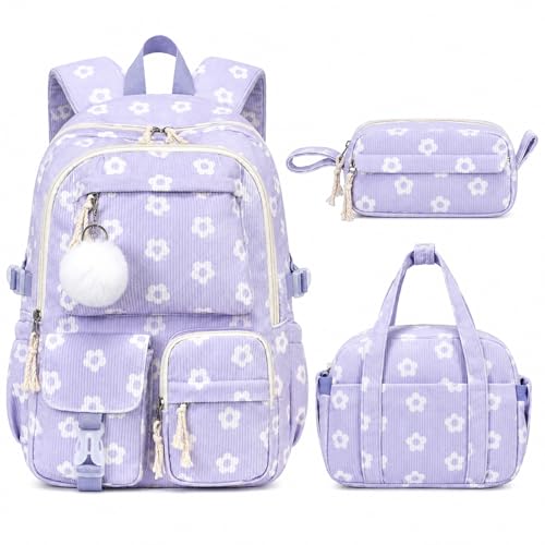 Backpack for Girls, 3PCS Corduroy Girls Schoolbag Set with Lunch Bag & Pencil Pouch, Lightweight Teen Girl Backpacks for Elementary Middle High School Bookbag Laptop Bag Travel Daypack - color: Purple Floral