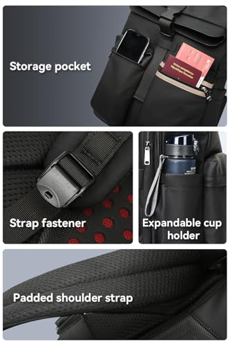 BOPai Men's Shock Absorbing Commute Backpack, 55.8% Weight Reduction Expandable 25L-30L Roll Top Laptop Backpack, Water & Scratch Resistant Tech Fabric, Water Bottle for Business & Daily Trip