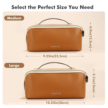 Prite Makeup Bag for Women Travel Waterproof Vegan Leather Cosmetic Bag Open Flat Toiletry Bag With Clear Divider and Handle (New Brown, Large) - color: New Brown, size: Large