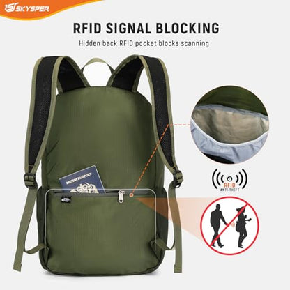 SKYSPER Small Hiking Backpack for Men Women 20L RFID Packable Daypack Ultralight Foldable Back Pack Lightweight Collapsible Travel Day Pack - color: Armygreen