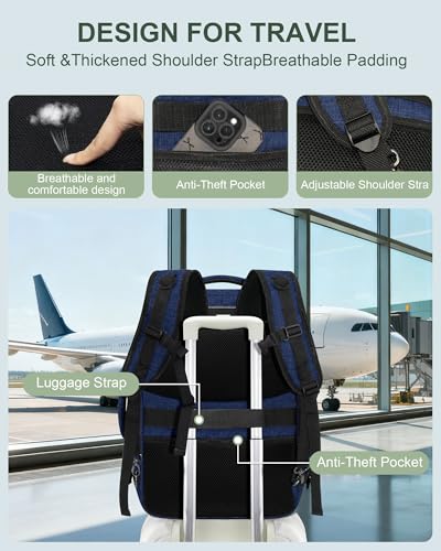 Travel Carry On 17.5" Laptop Expandable Backpack for Men Women, Personal Item Bag Waterproof Airline Approved with USB Charging Hole 3 Packing Cubes, Large Weekender Daypack Business Luggage Suitcase - color: Navy Blue, size: Expandable