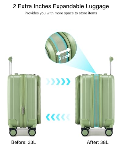 Hanke Top Opening Carry-On - Expandable 16 Inch Airline Approved Spinner | Easy-access top opening,360° spinner wheels,lightweight expandable hardshell, fits overhead bins,for overnight business trips - color: Bamboo Green, size: 16 Inch Expandable