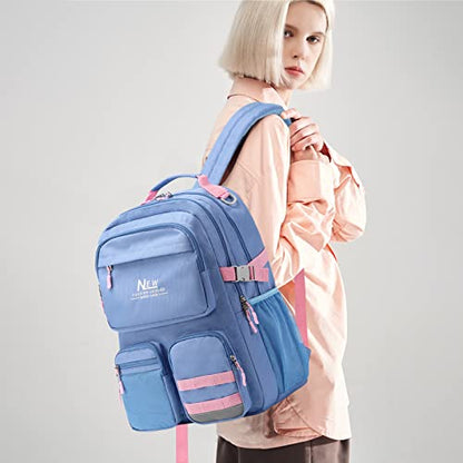 Water Resistant Backpack for Teen Girls Boys Students, Casual Multi Pockets Daypack with 15.6 inch Laptop pocket for Travel School College (Grey Blue) - color: Grey Blue With Embroidery