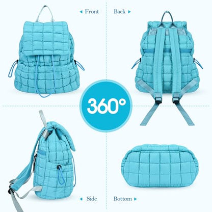 Quilted Puffer Backpack for Women Lightweight Soft Puffy Backpack Purse Casual Daily Drawstring Flap Daypack (Blue) - color: Blue