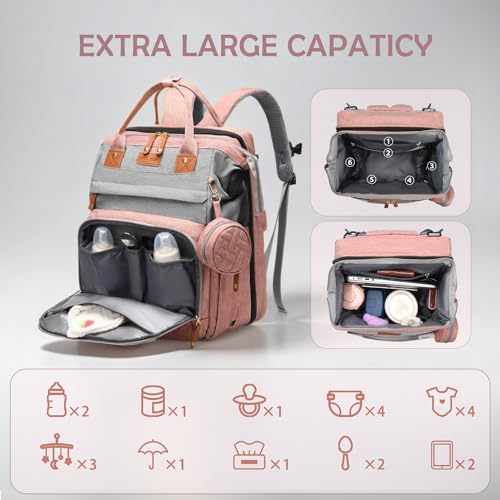 Diaper Bag Backpack with Changing Station, Waterproof for Travel, Gray Pink - color: Pink Grey