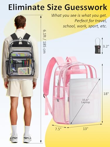 Clear Backpack Heavy Duty With A TSA Lock, 18 Inch Large Clear Back pack, Transparent See Through Bookbag for College, Work, Travel, Sport- Pink - color: Pink
