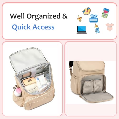 LORADI Lightweight Diaper Bag Backpack, Baby Shower Gifts, Beige | Stroller Clips, Insulated Pockets, Water-resistant, Easy to Clean, Durable - color: Beige