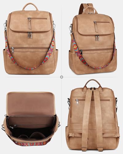 FADEON Laptop Backpack for Women Leather Travel Backpack with Laptop Compartment, Designer Ladies Computer Backpacks Camel - color: Camel Brown Retro Style