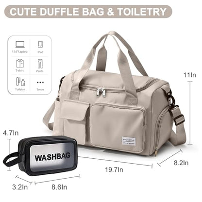 Small Gym Bag for Women, Travel Duffle Bag Carry On Weekender Bag with Shoe Compartment - color: 14#Beige, style: Gym Bag&toiletry Bag