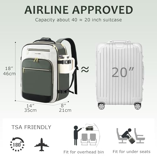 EMPSIGN 40L Travel Backpack for Women & Men, Airline Approved Carry On Backpack, TSA Personal Item Bag Waterproof, Overnight Weekender Essentials Backpacks for Business fits 17" Laptop, Army Green - color: Beige/Army Green/Black