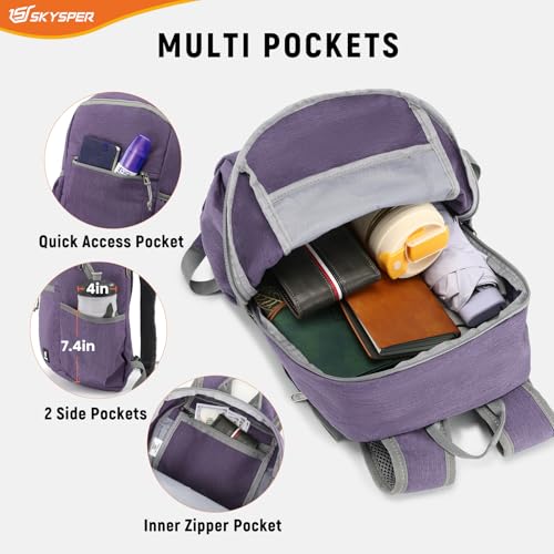 SKYSPER Anti Theft Hiking Backpack, 20L RFID Packable Travel Daypack, Lightweight Foldable Back Pack for Walking Daytrip - color: Purple
