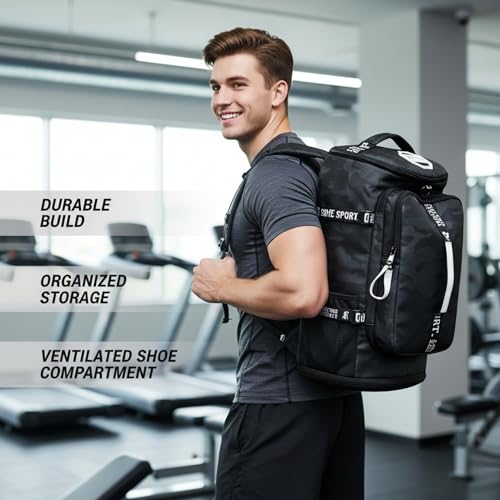 Gym Duffle Bag Backpack with Shoe Compartment,4 ways Travel Backpack for Women and Men,Multi-Functional Weekender bag with Waterproof Layer&Laptop Compartment for Fitness, Travel,Camping - color: Brown