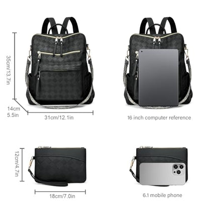 Makes Backpack Purse for Women PU Leather Travel Satchel Handbag Convertible Design Bag with Purse 2 Piece - color: Black Geometric